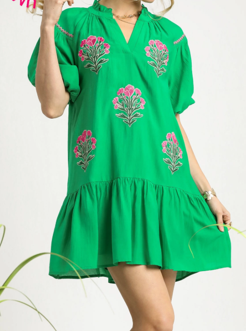 Boho Floral Embroidered Mini Dress