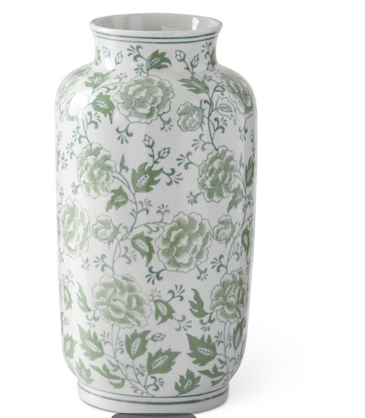 15 Inch Green & White Floral Ceramic Vase