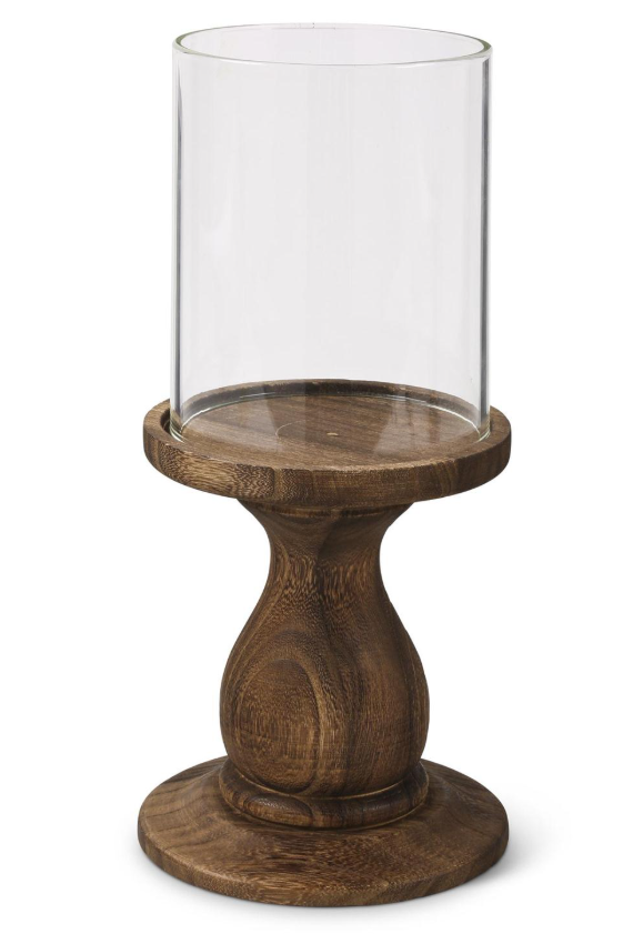Wood Pedestal Candleholder with Glass Hurricane