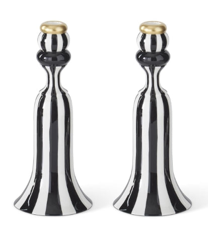 10" Black & White Striped Ceramic Taper Candleholders