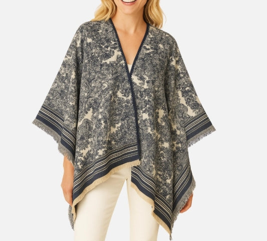 Navy and White Reversible Floral Kimono