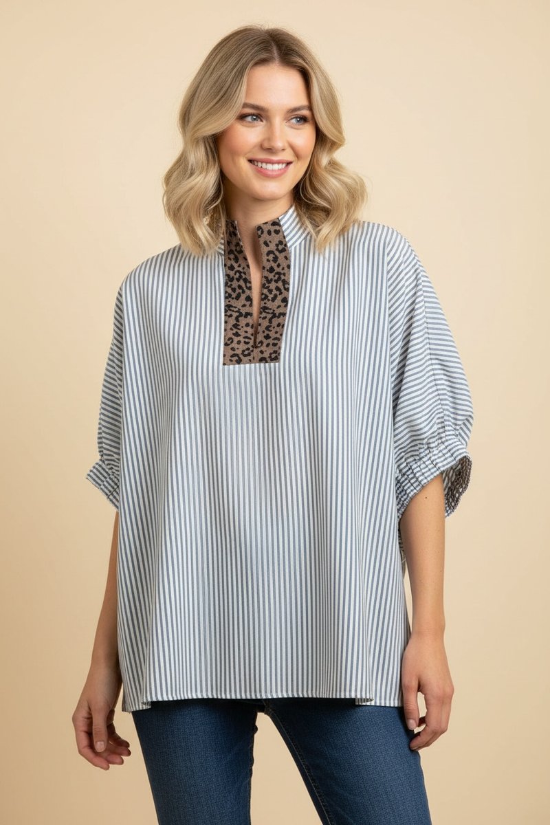 Chambray Stripped Leopard Blouse