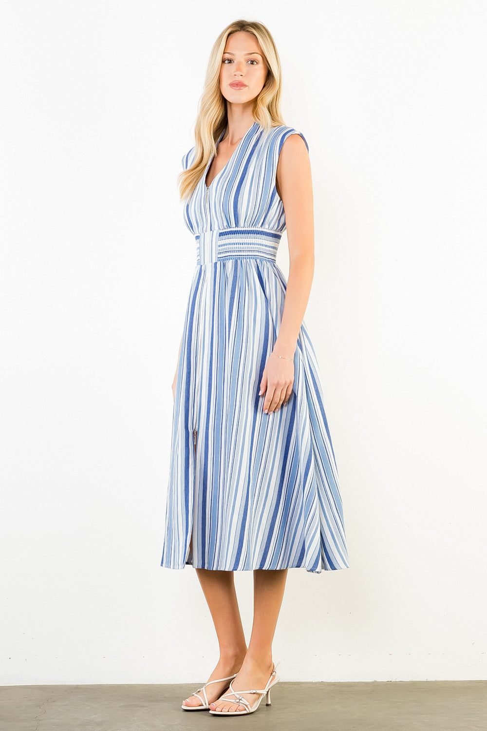Sleeveless Blue Stripe Midi Dress