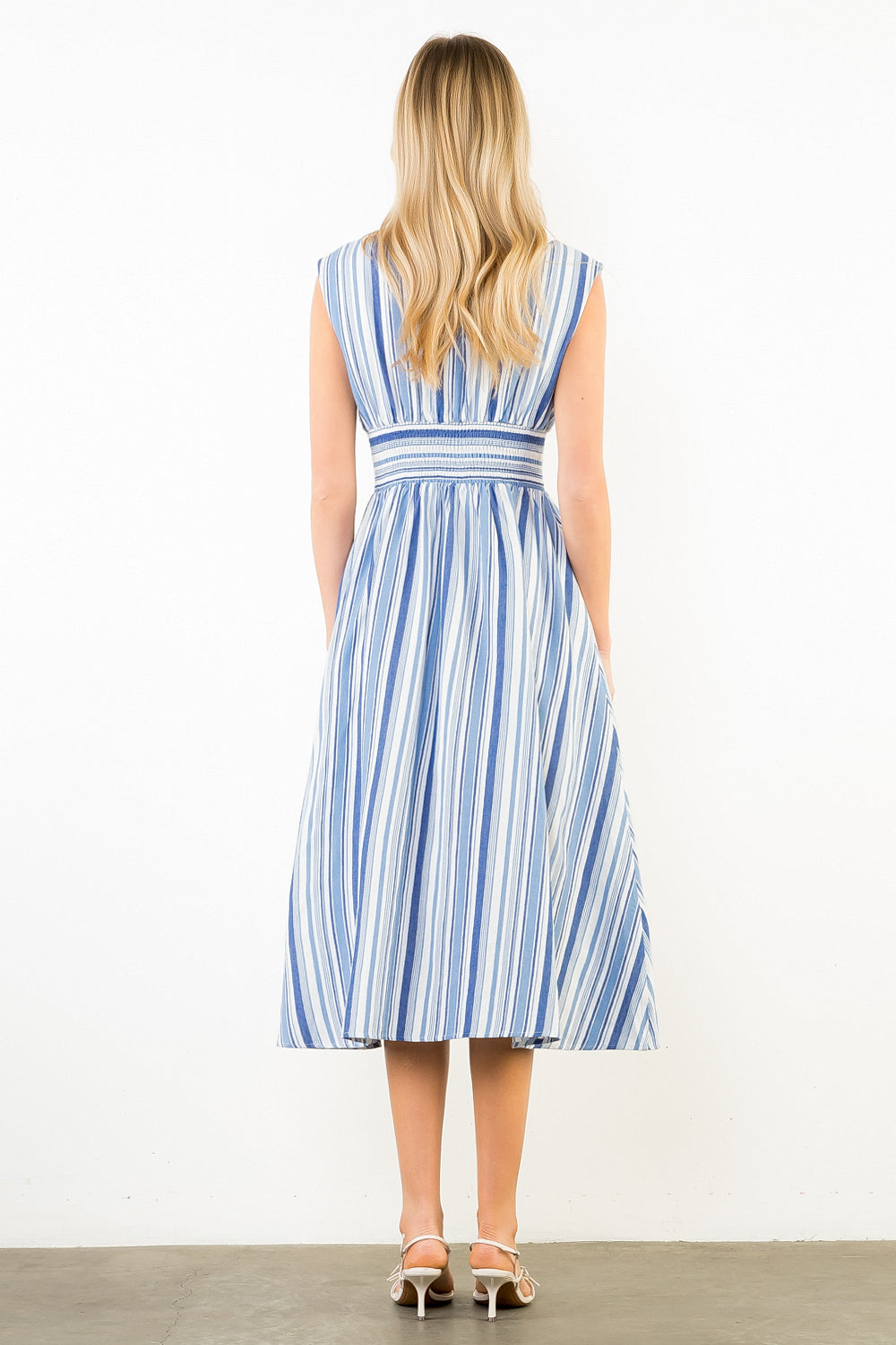 Sleeveless Blue Stripe Midi Dress