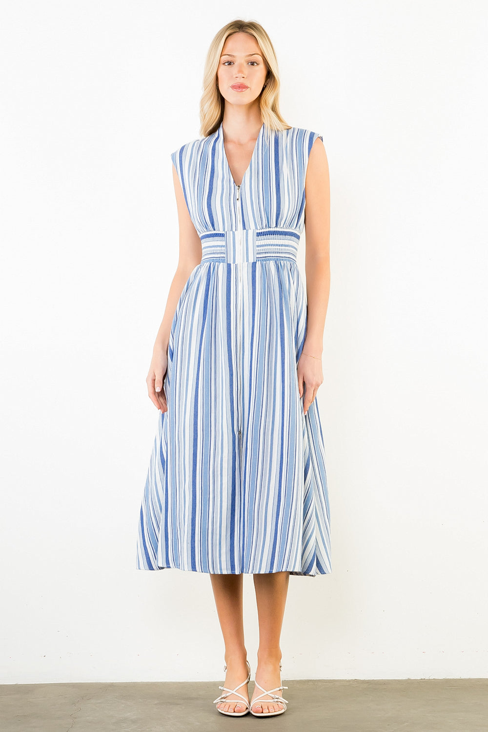Sleeveless Blue Stripe Midi Dress