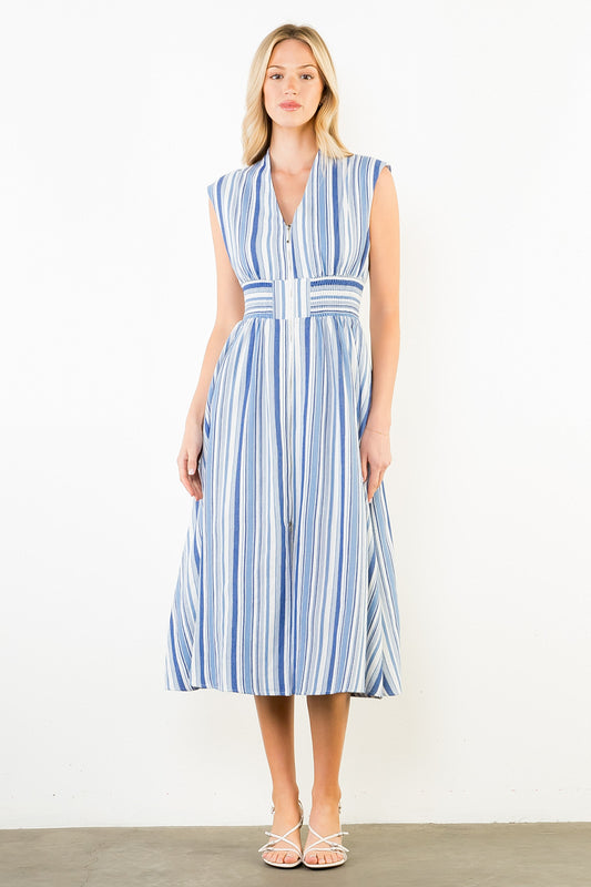 Sleeveless Blue Stripe Midi Dress
