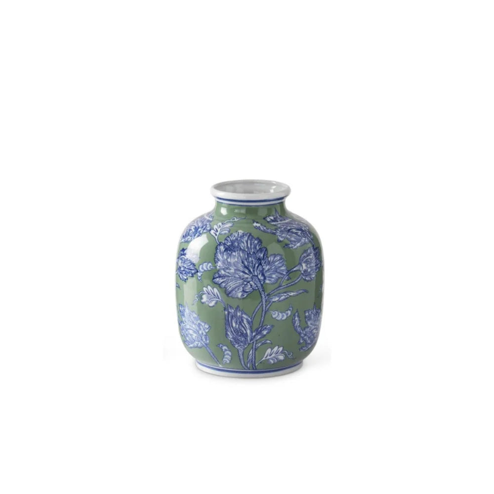 Blue Green & White Floral Ceramic Vase