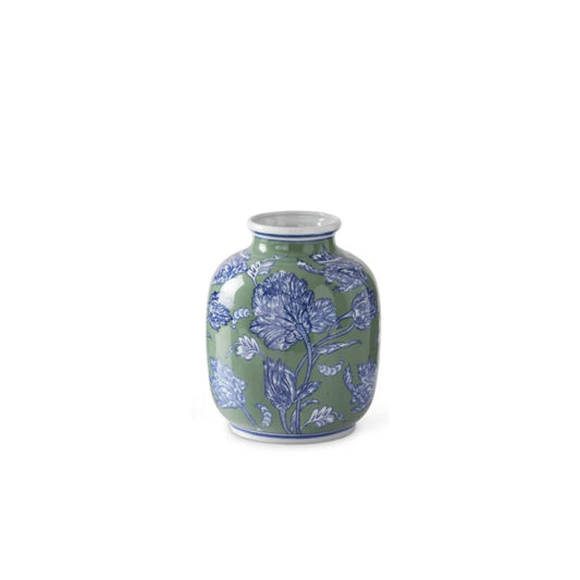 Blue Green & White Floral Ceramic Vase