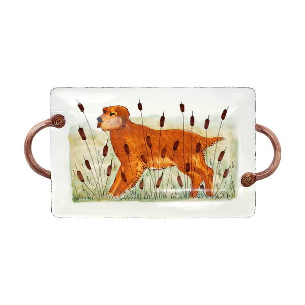 Vietri Wildlife Yellow Hunting Dog Handled Rectangular Platter