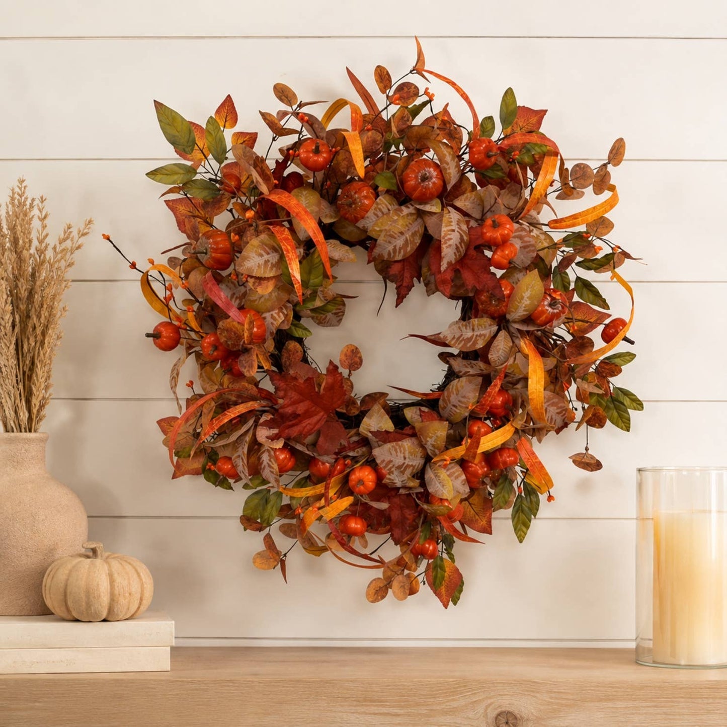 Mini Pumpkin Harvest Wreath 22" with Bow