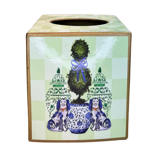 Paper Mache Tissue Box Cover with Stafford Dogs/Topiary