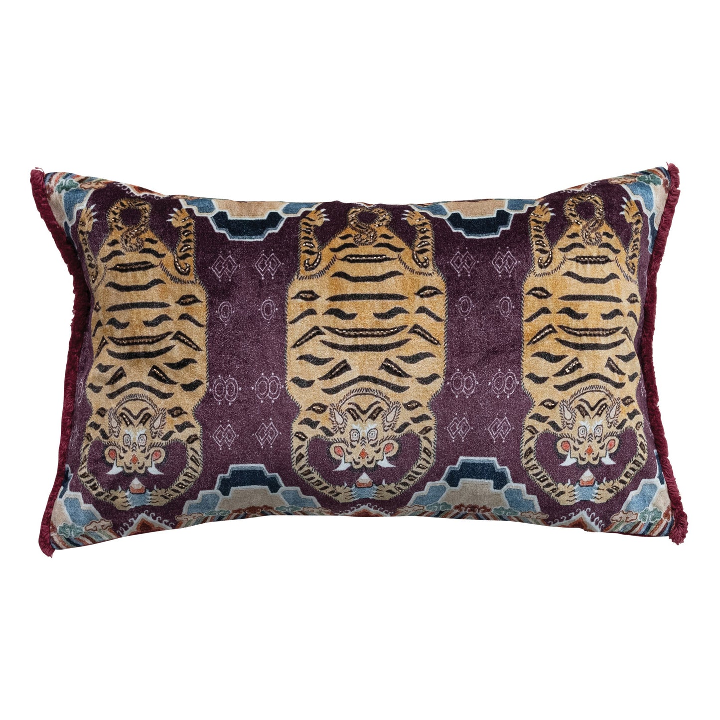 Cotton Velvet Printed Lumbar Pillow w/ Tibetan Tigers Pattern