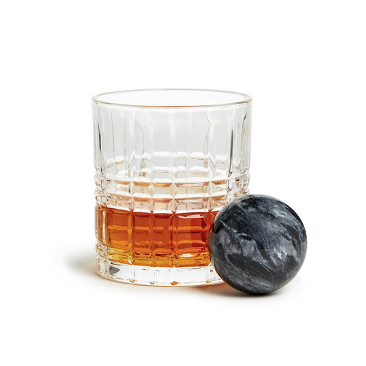 Double Old Fashion Whisky Set Includes Stone Ball in Gift Box (glass 10 oz, dishwasher safe) - Glass/Marble