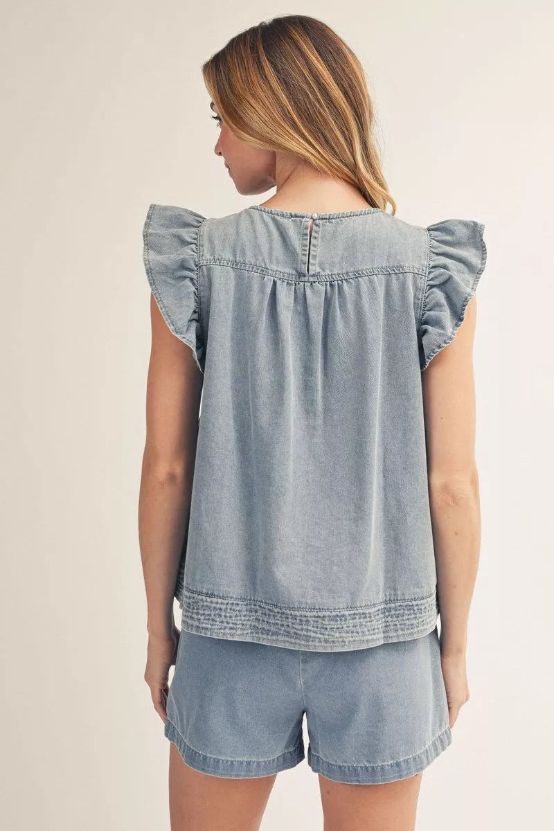 Denim Flutter Sleeve Pleated Top