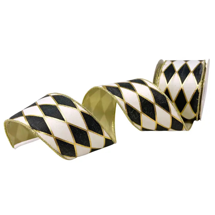 Black/White/Gold Diamond Ribbon Platinum Back 2.5" x 10yds