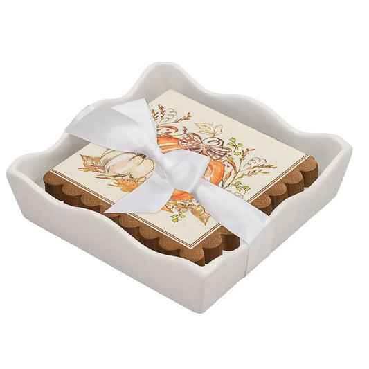 Ceramic Scalloped Cocktail Napkin Tray with Pumpkin Cocktail Napkins