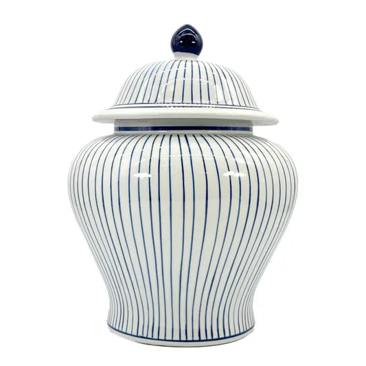 15.5 Inch Blue and White Striped Wide Ceramic Ginger Jar