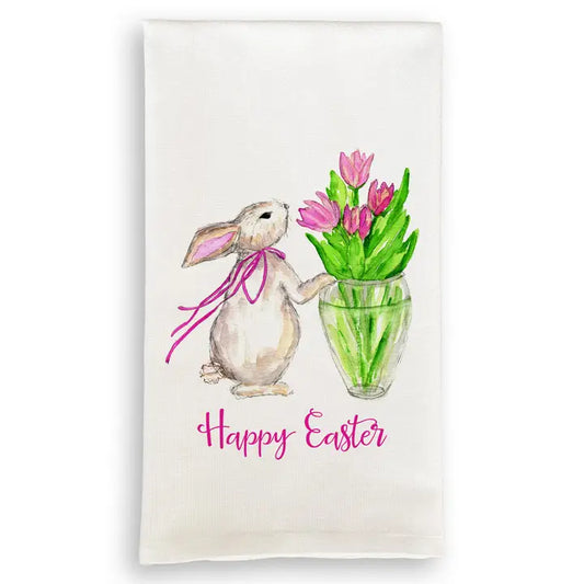 Easter Bunny with Tulips Tea Towel