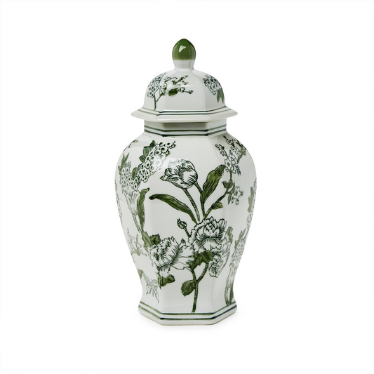 Lotus Green and White Hexagonal Temple Jar