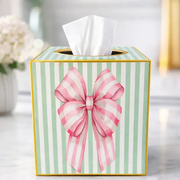 Paper Mache Tissue Box Cover Pink Bow with Green Stripes