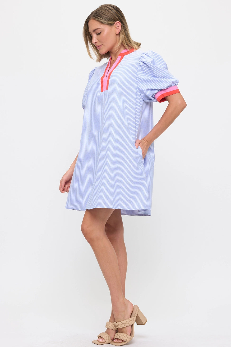 Striped Linen Dress with Contrast Trim