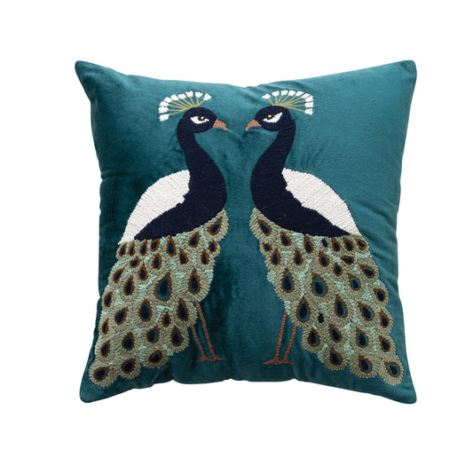 18" Square Velvet Pillow with Peacocks, Embroidery & Chambray