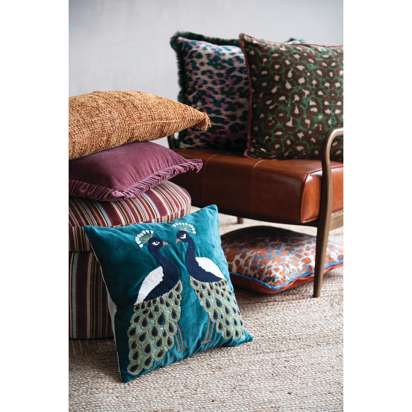 18" Square Velvet Pillow with Peacocks, Embroidery & Chambray