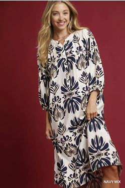 Abstract Navy Floral Midi Dress