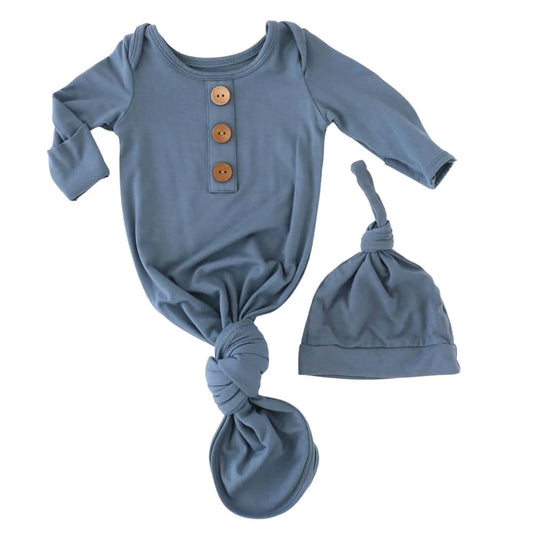 Solid Dusty Blue Bamboo Baby Knot Gown & Hat  Newborn