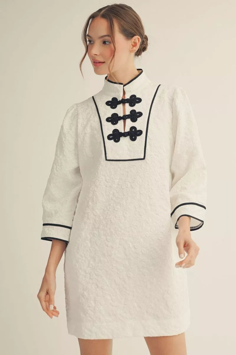 Oriental Vibe Jacquard White Dress w/ Black Trim