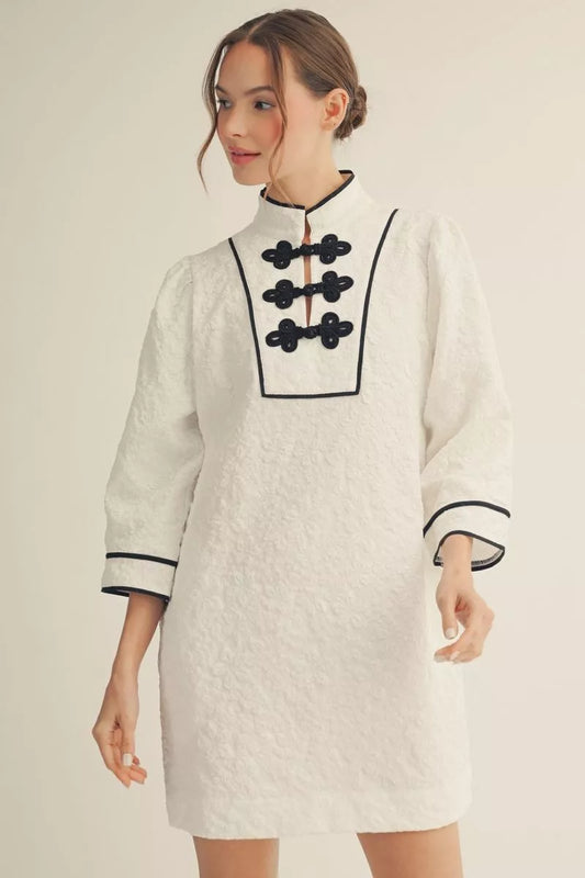 Oriental Vibe Jacquard White Dress w/ Black Trim