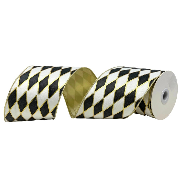 Black/White/Gold Diamond Ribbon Platinum Back 4" x 10yds