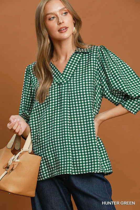 Classic Hunter Green Gingham Check Print Blouse