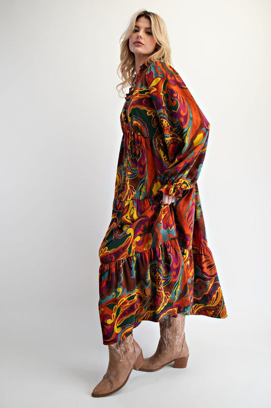 Teal Brown Floral and Paisley Maxi Dress