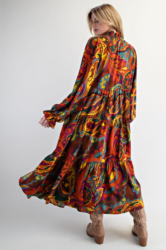 Teal Brown Floral and Paisley Maxi Dress