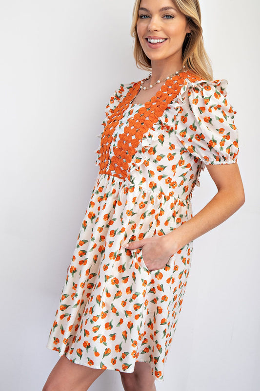Ivory and Orange Wing Sleeve Dress