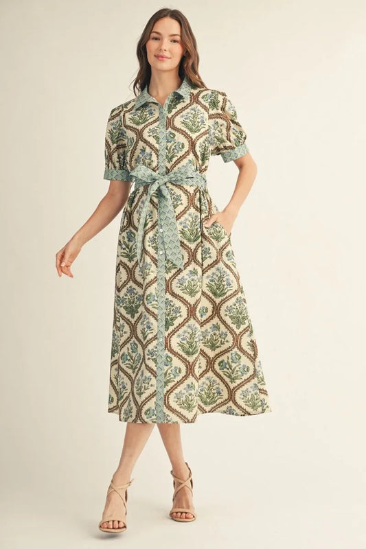 Floral Midi Dress with Waist Tie