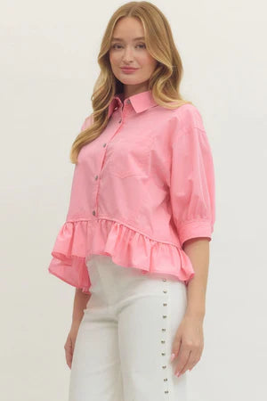 Pink Ruffled Hem Shirt