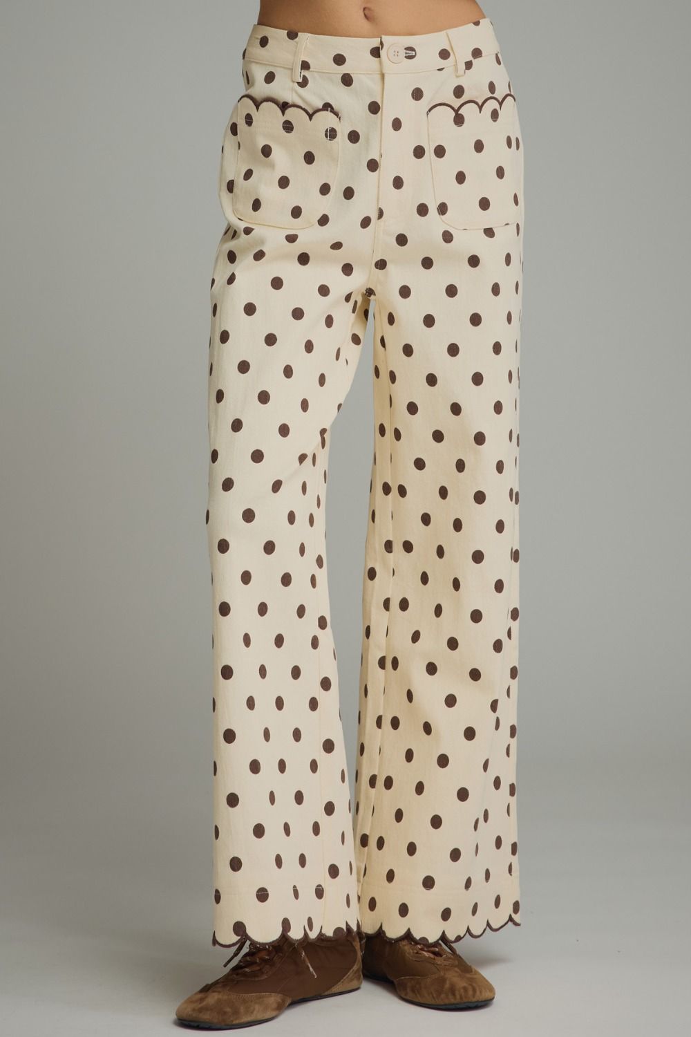 Cream and Brown Polka Dot Pants With Scallop Detail