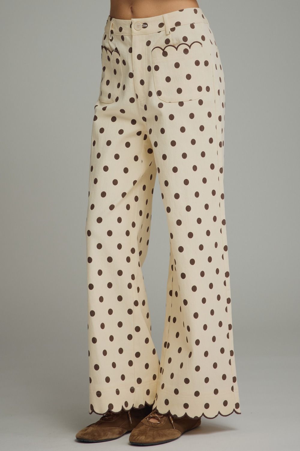 Cream and Brown Polka Dot Pants With Scallop Detail
