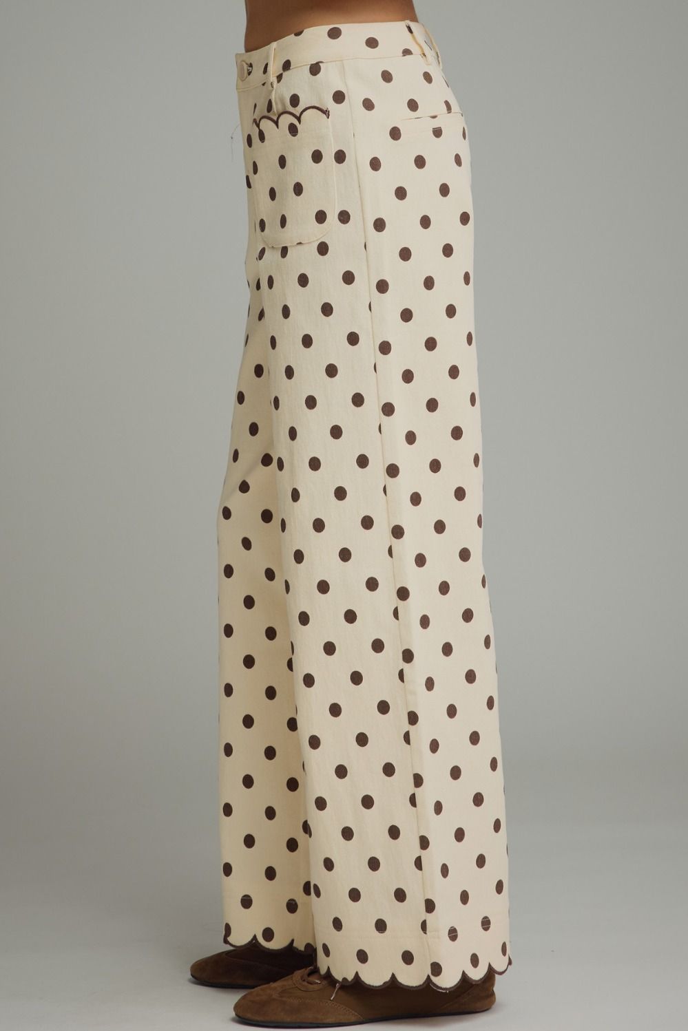 Cream and Brown Polka Dot Pants With Scallop Detail