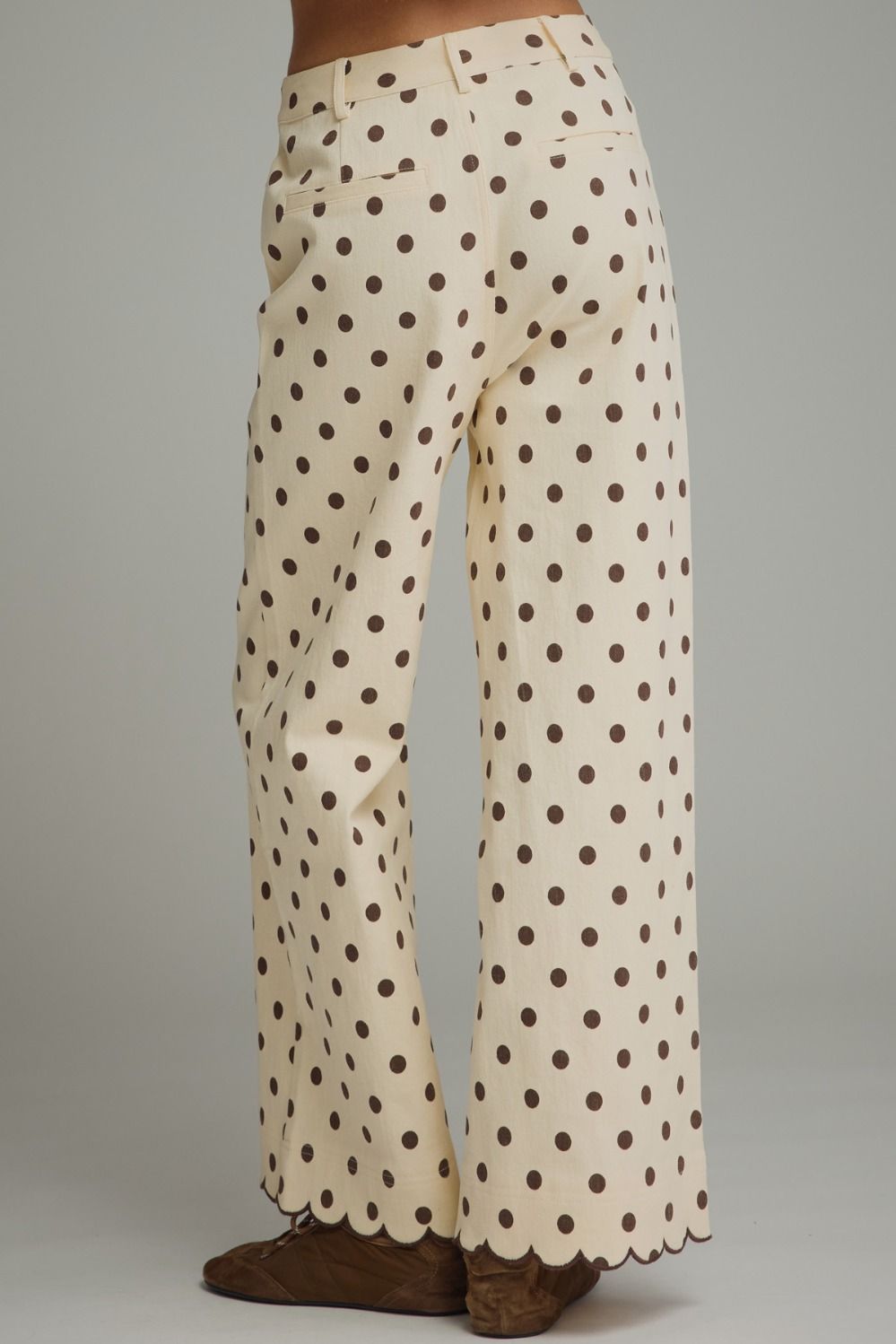 Cream and Brown Polka Dot Pants With Scallop Detail