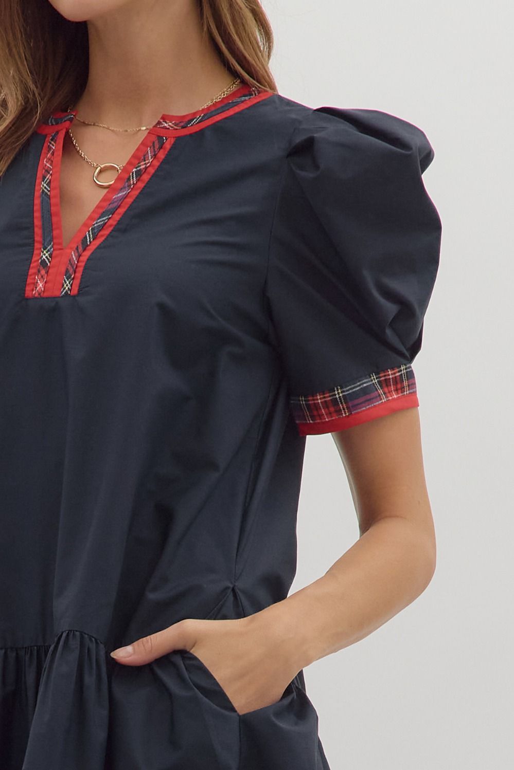 Ava Dress with Red Plaid Trim