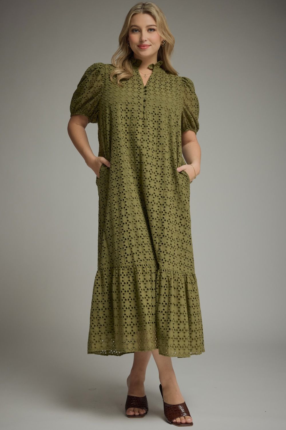 Eyelet Olive Midi Dress