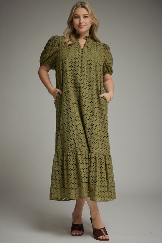 Eyelet Olive Midi Dress