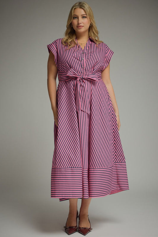 Pink and Navy Striped Midi Dress