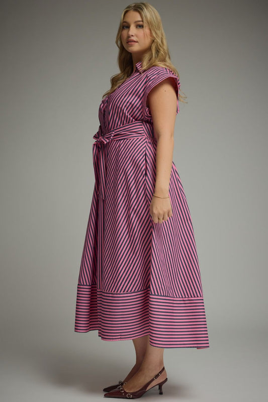 Pink and Navy Striped Midi Dress