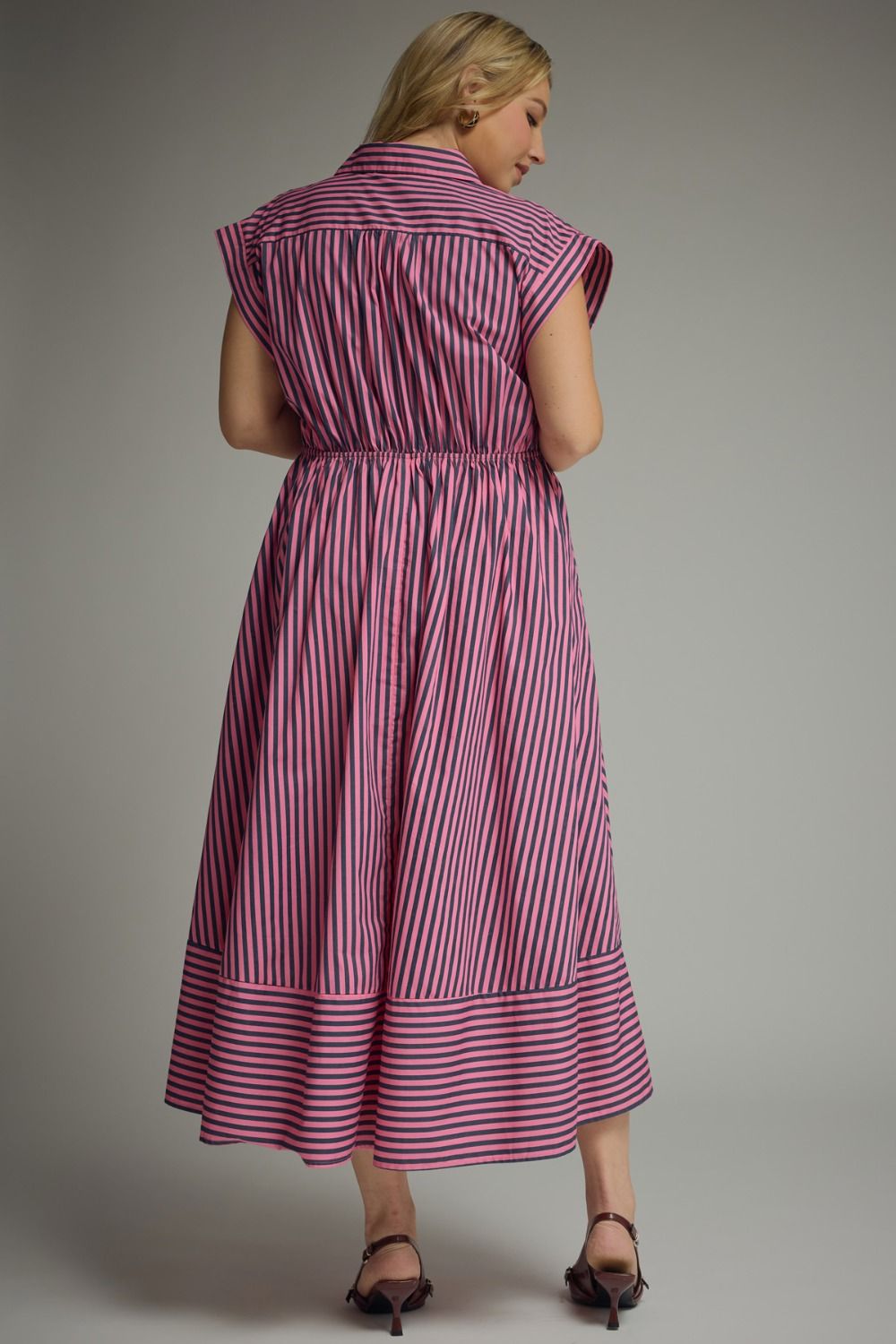 Pink and Navy Striped Midi Dress