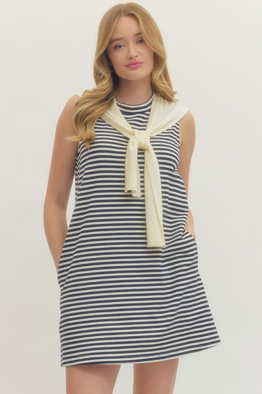 Striped Sleeveless Mini Dress  Cream & Navy