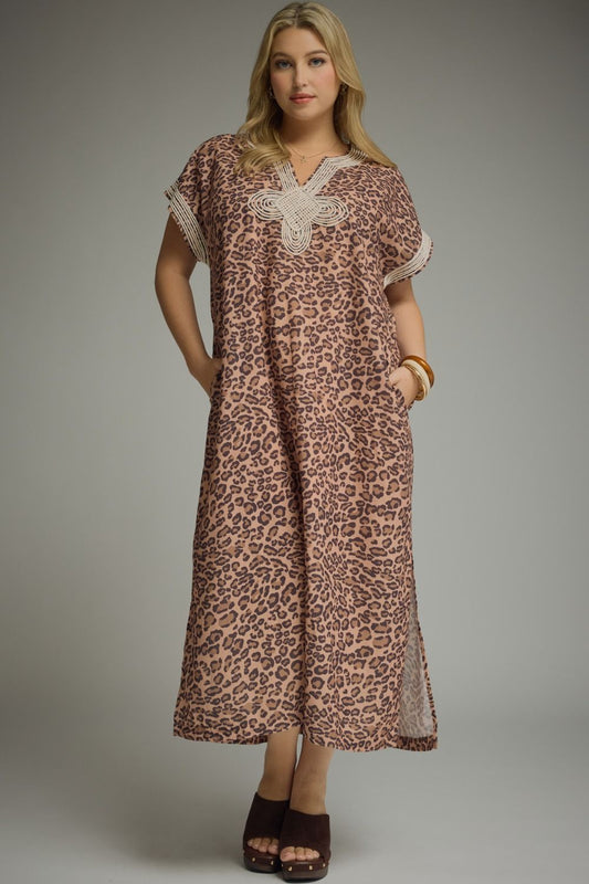 Leopard Midi Dress with Ecru Applque
